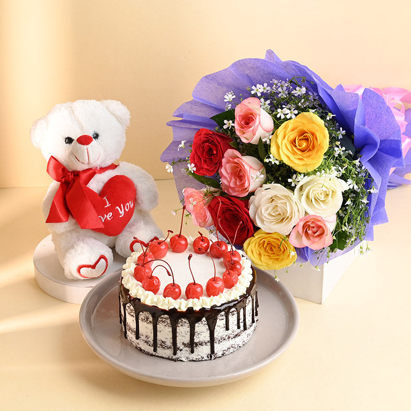 Mixed Rose, Black Forest Cake and Teddy Combo