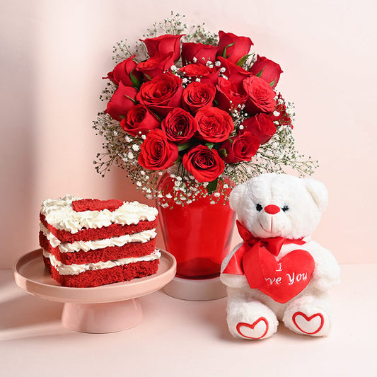 Red Rose, Heart Shaped Red Velvet Cake and Teddy Combo