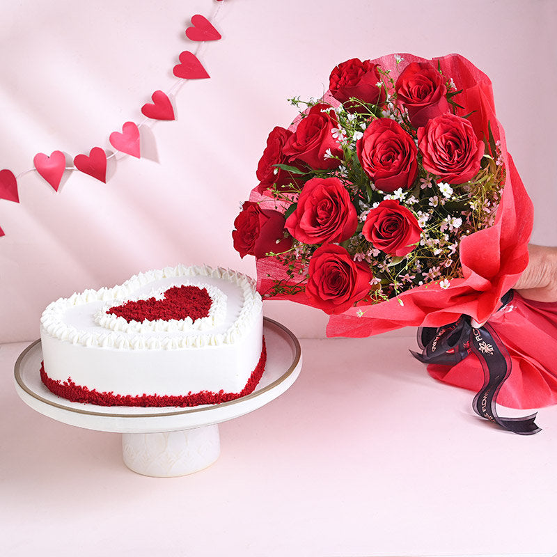 Red Rose and Red Velvet Heart Cake Combo