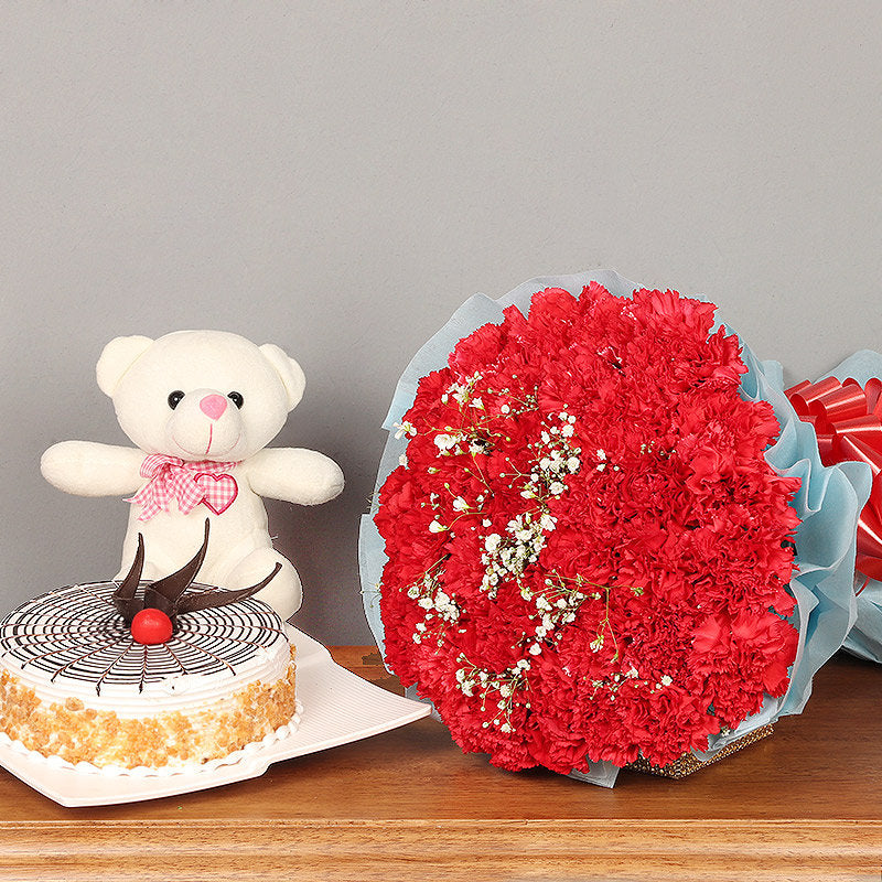 Red Carnation, Butterscotch Cake and Teddy Combo