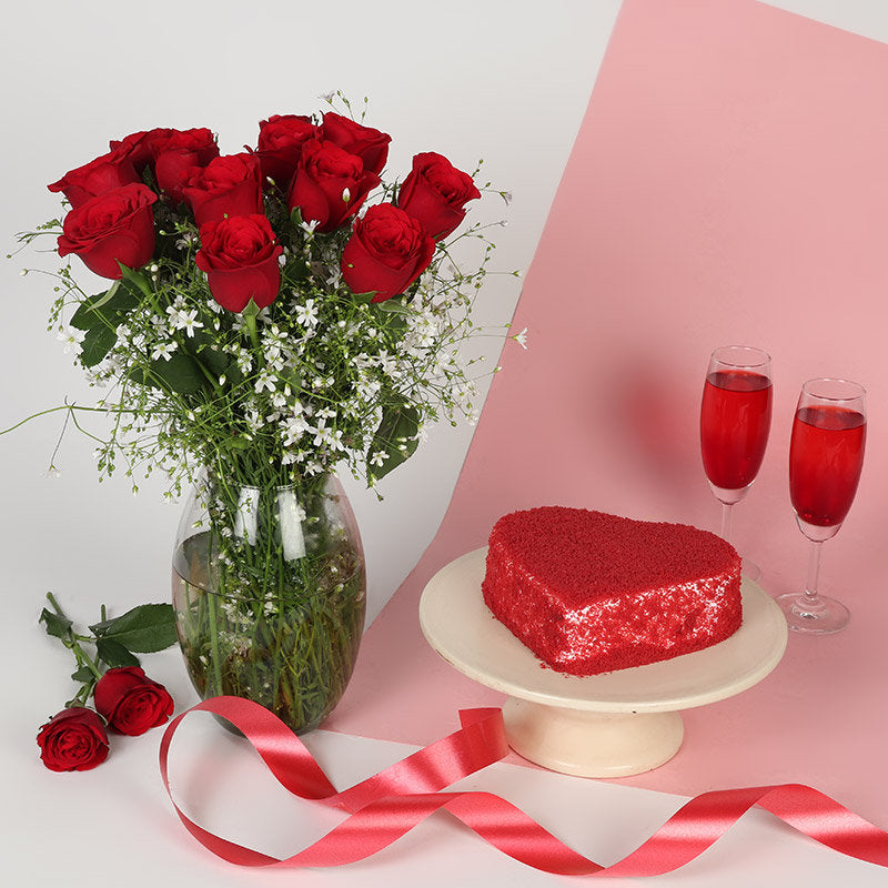 Red Rose Vase and Red Velvet Cake Combo